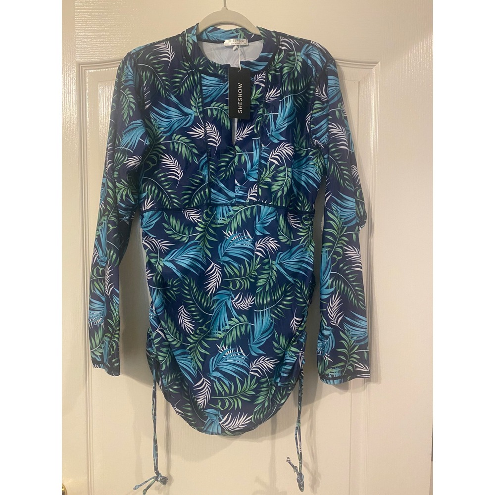 Sheshow Tropical Palm Print Long Sleeve Rash Guard Swim Top‎ Blue Green XXL NWT